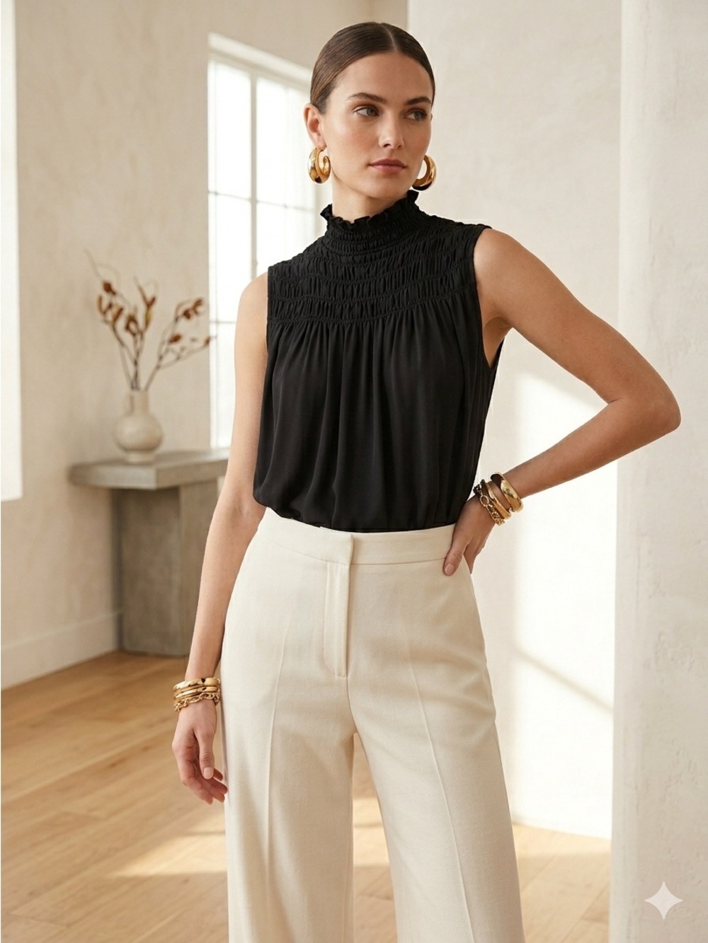 FRAME Black Silk Smocked Mock Neck Sleeveless Swing Blouse - Large